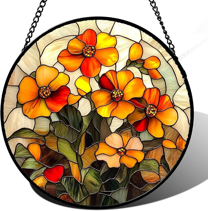CRISGIF Stained Glass Window Hanging - Orange Marigolds Flowers Suncatcher for Door Garden Yard Sun Catchers Decor Christmas Mother's Day Birthday Gifts for Women Mom Nana Girlfriend Men 15 in