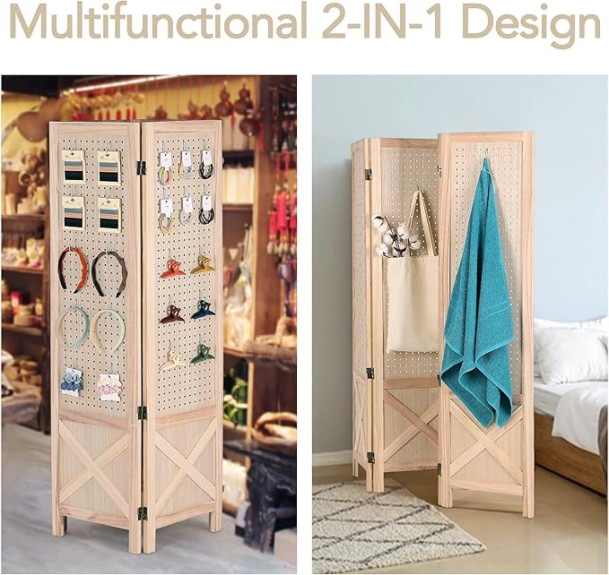 Wnutrees 4 Panel Pegboard Display, 5 Ft Wood Folding Privacy Screens Room Divider, Portable Freestanding Display Board for Craft/Art Shows, Retail, Events, Wall Organizer, Rustic Barnwood, Natural