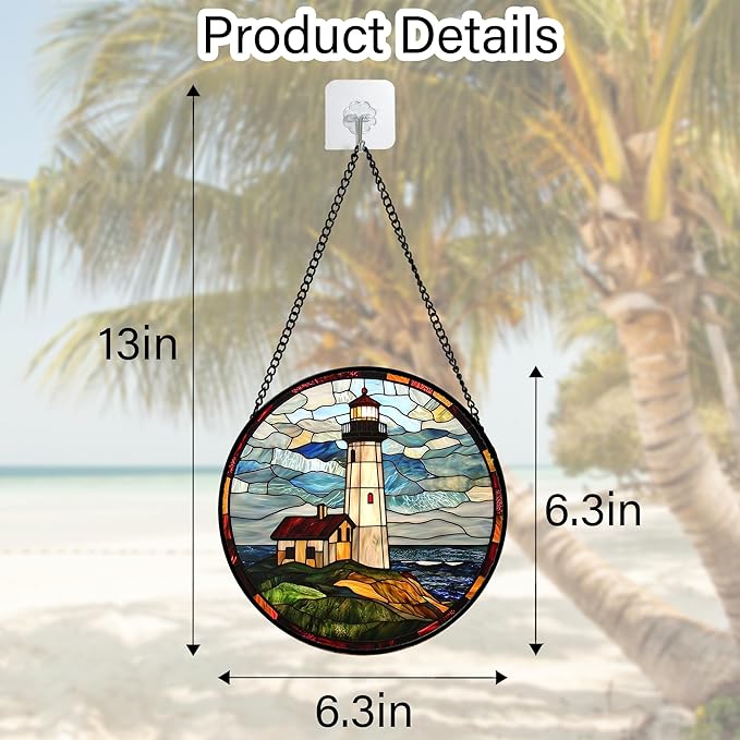 DASTOLL Stained Glass Window Hanging, Ocean Lighthouse Sun Catchers Glass Panel Blue Green Suncatcher Decor for Birthday for Women, Men, Wife, Aunt, and Mom 6.3 in
