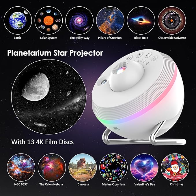 Galaxy Projector for Bedroom, 13 in 1 Planetarium Projector with Meteor, LED Space Galaxy Lamp, Night Lights Room Decor for Kids Adults Birthdays Gifts - White