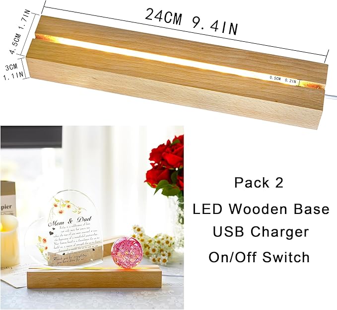 ZEERSHEE 2 Pcs 9.4 Inch Wooden Rectangle LED Light Display Pedestal for Acrylic and Plexiglass Crystal Glass Resin Night LED Light Lamp Base with USB Switch(Warm Light)