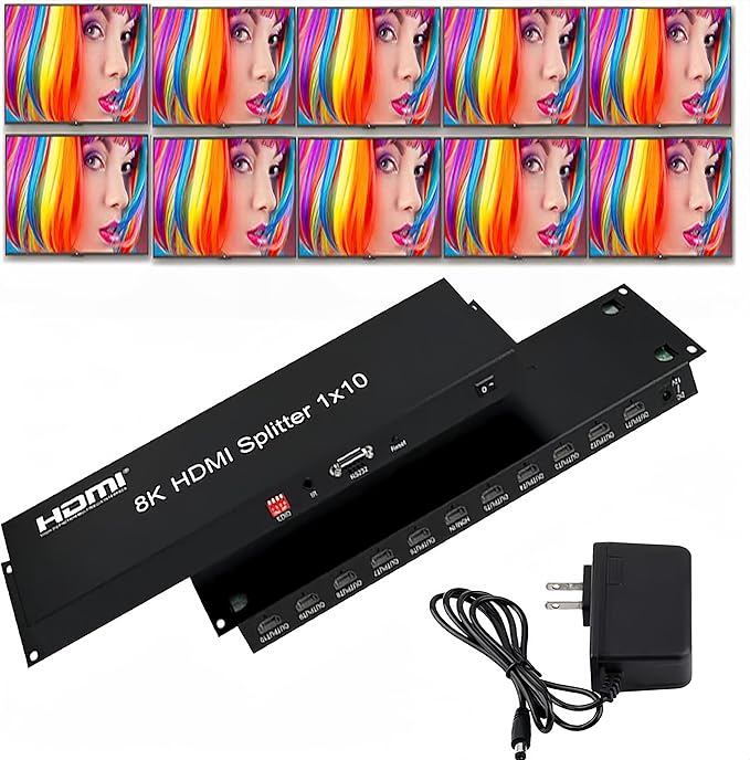 8K HDMI Splitter 1×10 HDMI2.1 Replicator Distributor 1 in 10 Out Affordable Splitter Multi-Monitor 8K@60Hz Full Ultra-HD Supports EDID RS232 Rest Button 3D HDR 48Gbps for Xbox PS4 DVD HDTV etc