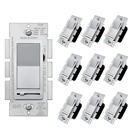 BESTTEN 10 Pack Matte Silver Dimmer Light Switch, Single Pole or 3-Way, Compatible with Dimmable LED, CFL, Incandescent and Halogen Bulb, LED Slide Dimmer Wall Switch, 120VAC, UL Listed
