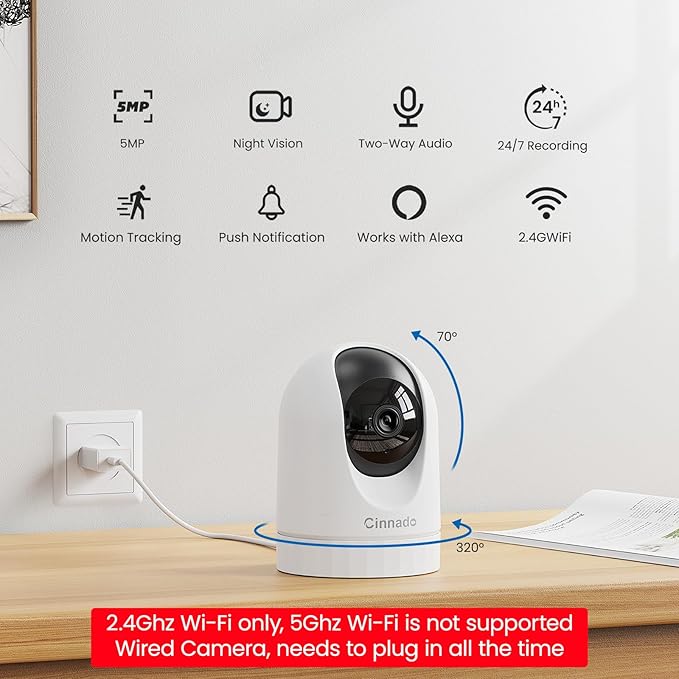 Cinnado Security Camera Indoor-2K 360° WiFi Cameras for Home Security，Pet/Dog/Baby Camera with Phone app, 2-Way Audio, Night Vision, 24/7 SD Card Storage, Works with Alexa & Google Home (2.4Ghz)-D1