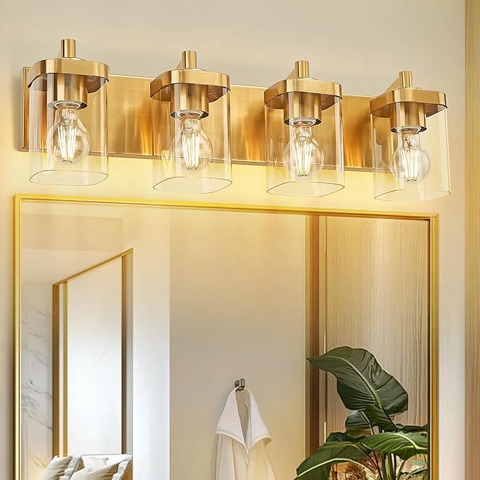 METWET Bathroom Light Fixtures, 25" Brushed Gold Vanity Light, 4-Light Modern Wall Sconces with Square Clear Glass Shade, Vanity Lighting Fixtures Over Mirror, VL194-BG-4