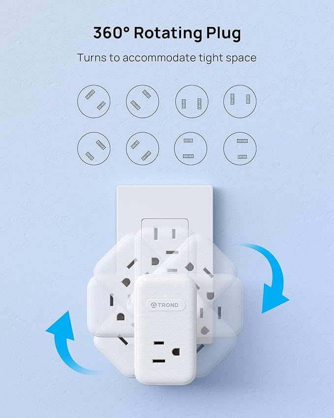 TROND 2 Prong to 3 Prong Outlet Adapter with 360 Rotating Plug, 3 AC Power Splitter with 2 USB C PD20W, Travel Plug Adapter for US to Japan, Wall Outlet Extender for Old House Travel Essentials