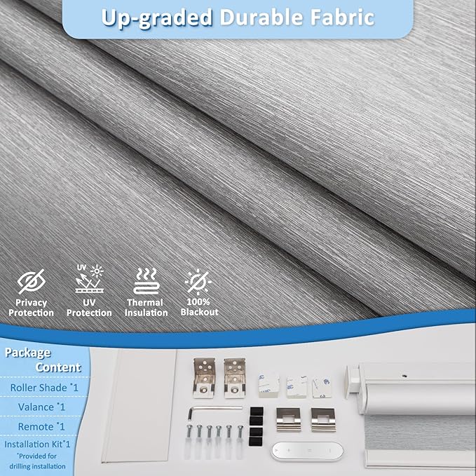 MANSNIX Smart Motorized Blinds with Remote, Cordless No-Drill Automatic Roller Shades, Blackout Electric Blind for Windows, Grey, 29.5 x 72