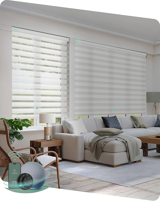 Yoolax Motorized Zebra Blinds Compatible with Alexa,Motorized Blinds with Remote Smart Automatic Custom Electric Window Blinds Cordless Indoor Blackout for Home Bedroom Kitchen (Sheer White)