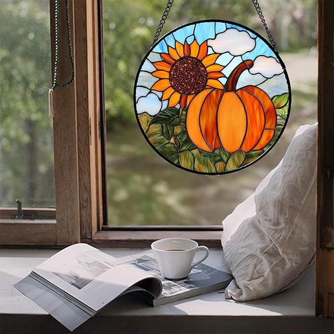 DASTOLL Stained Glass Window Hanging Fall Farm Scenery Sunflower Pumpkin Large 11.8" - Suncatcher Door Garden Kitchen Sunroom Sun Catcher Home Decor Birthday for Mom Grandma Men Woman
