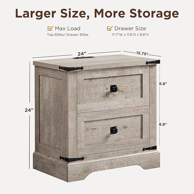 T4TREAM 24" Farmhouse Nightstand with Charging Station Set of 2, Large End Table with 2 Storage Drawers, Rustic Wood Sofa Bedside Table for Bedroom, Light Rustic Oak
