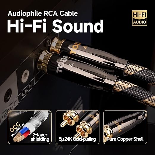 TODN RCA Cables Audiophile 3ft HiFi Stereo RCA Audio Cable for Car, Speaker | O-C-C Core, Dual Shielded, 5μ Gold Plated Plug (3 ft/1m, 1 Pair)