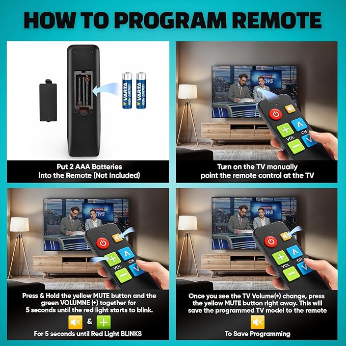 EZclicker TV Remote for Seniors, Extra Simple Big Button Remote (Black) Works with Major TV Brands, NOT for Streaming (2xAAA Batteries Not Included)