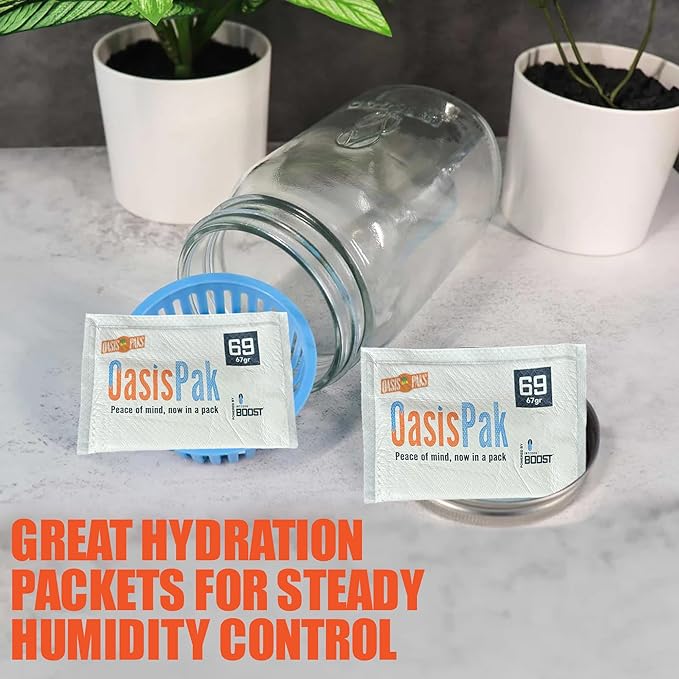 OasisPak 69% RH Two-Way Humidity Control Packs (4 Pack) - 67 Gram Packs | Maintain Humidty, Freshness, Flavors & Aromas | Salt-Free, Leak-Proof Moisture Absorbers for Storage Cases & Containers