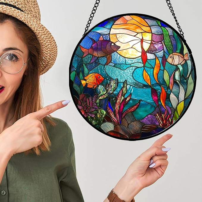 AMDERVEN Stained Glass Window Hanging - Blue Ocean World Small Fish Coral Sun Catcher for Door Garden Home Decor Sea Suncatcher Christmas Mother's Day Birthday Gifts for Women Men Mom Nana 6.3 in