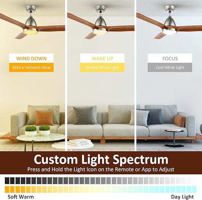 SMAAIR Walnut Solid 3- Blade Ceiling Fans with Lights, Dimmable LED Light, Reversible Motor Control on Remote & App Control 8 HrsTimer and 24 Hrs Schedule, Voice Device Connectable(52inch, Walnut)