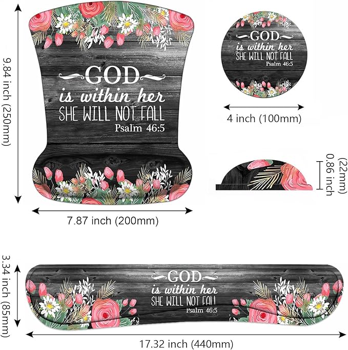 Ergonomic Mouse Pad Wrist Support and Keyboard Wrist Rest Set with Coasters, Non-Slip PU Base, Easy Typing and Relieve Wrist Pain for Home Office Working Studying, Floral Quote Bible Verses Psalm 46:5