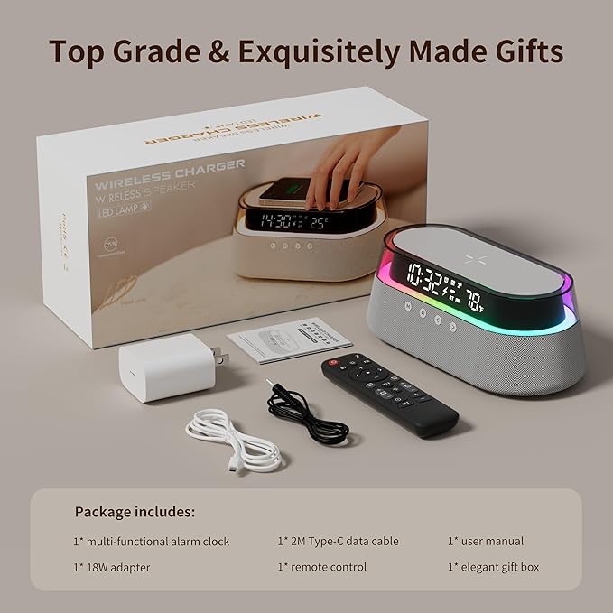 KUANGXIANG 6-in-1 Bluetooth Speaker Alarm Clock with Remote, 15W Fast Wireless Charger, FM Radio & Dimmable LED Night Light, Dual Digital Clock for Bedroom Home Office, Ideal for Him, Men Women
