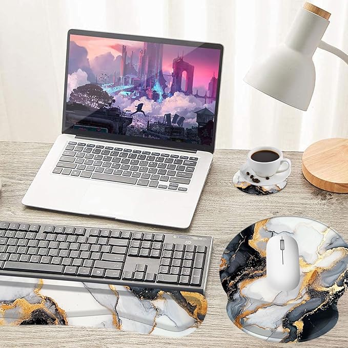 Keyboard Wrist Rest and Mouse Pad Wrist Support Set with Coasters,Non-Slip PU Base Ergonomic Gaming Mousepad for Home Office Working Studying Easy Typing & Pain Relief,Black Gold Marble