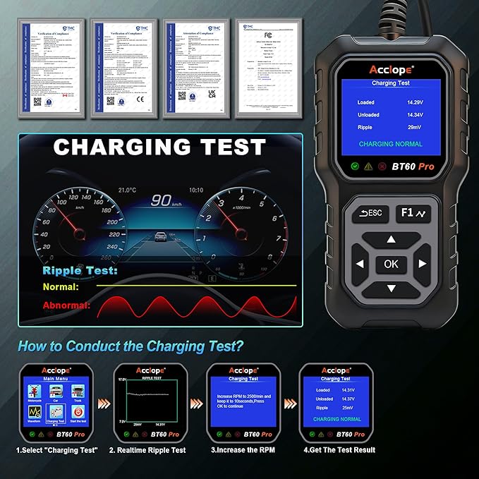 Acclope BT60 Pro Car Battery Tester, Digital Analyzer with Cloud Printing, 6V/12V/24V Battery Checker for AGM, Lithium, Gel Batteries, 100-3000 CCA Range, Automotive Charging System