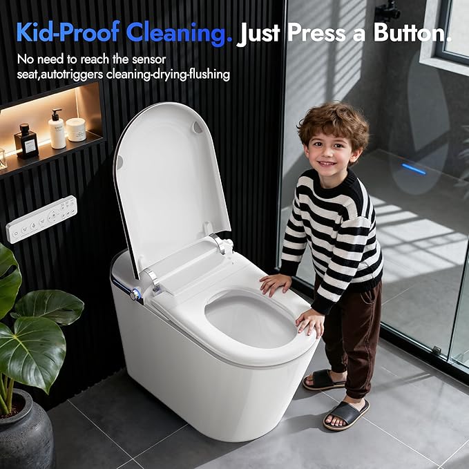 WANSID Elongated Smart Toilet With Bidet Built-in, Auto Open/Close Lid, Soft-Closed Heated Seat, Tankless Auto/Knob/Sensor/Remote Flush, Warm Wash & Dryer, Massage Clean, Gentle Night Light