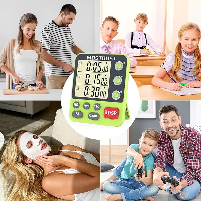 MOSTRUST Digital Dual Kitchen Timer, 3 Channels Countdown Triple Timer for Cooking, Magnetic Memory-Preset Large-Display Adjustable Alarm Volume, Multi Times Management, 3A Battery Included, Green