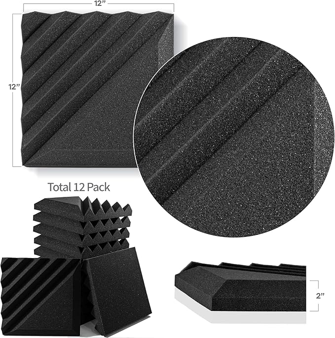 Foroomaco 12 Pack Sound Proof Foam Panels for Walls, 12x12x2 Inches Half-Slash Style Acoustic Panels for Home Studio Acoustic Treatment (Black)