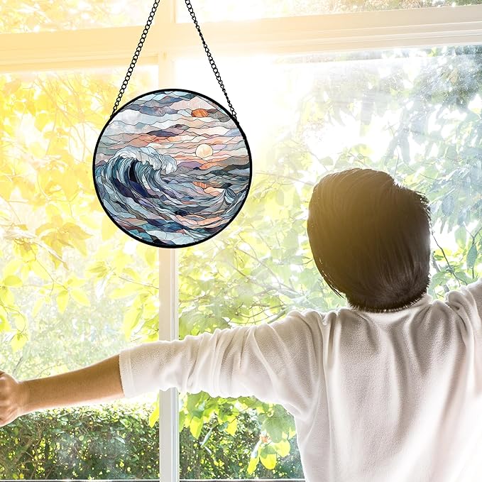 DASTOLL Stained Glass Window Hanging, Sunrise Waves Sun Catchers Diamond Glass Panel Hangings Abstract Suncatcher Decor for Birthday for Women, Men, Wife, Aunt, and Mom 6.3 in