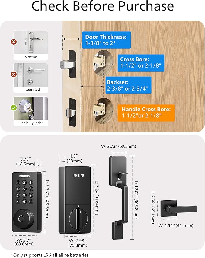 Philips Wi-Fi Smart Door Lock Deadbolt with Handle Set, Keyless Entry Door Lock for Front Door Set, Portable Fingerprint Door Lock with App Control, IP53 Waterproof, Auto Lock, Alexa Voice Control