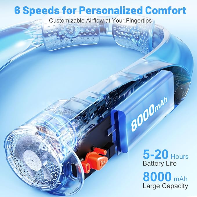 Slientspin AI Portable Neck Fan with 6 Powerful Speeds, 8000mAh Battery Operated USB-C Rechargeable Fan, Hands-Free 360° Cooling Neck Fan,Twistable,Ultra-Quiet Personal Fan Gift for Women Men(Blue)