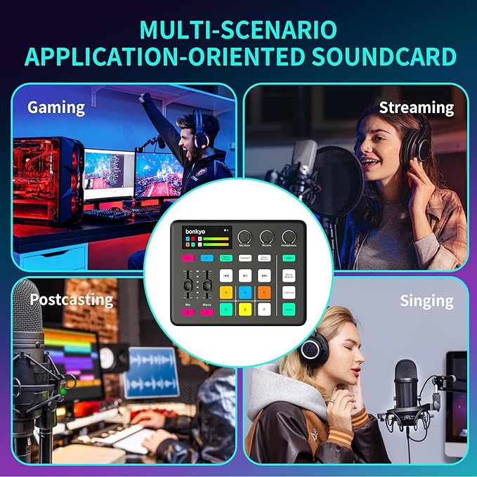 Bonkyo Gaming Audio Mixer & USB Interface with XLR Microphone, Bluetooth 5.0, RGB Effects, 48V Phantom Power, Voice Changer, G1 Sound Card for PS5, TikTok Live Streaming, Podcasting (Black)