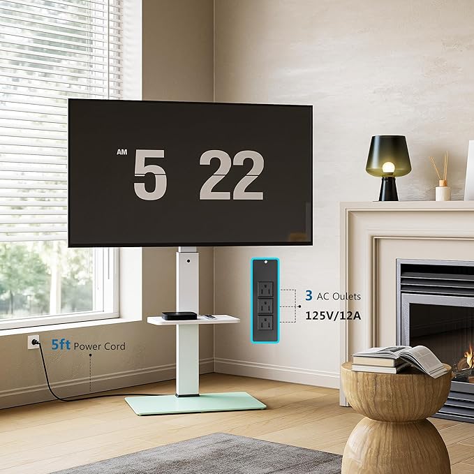 FITUEYES Floor TV Stand for 32-75 inch TV with Power Outlet, Tall TV Stand for Bedroom Living Room with Tempered Glass Base, Floor TV Mount Holds Up to 88lbs MAX VESA 600x400mm,White