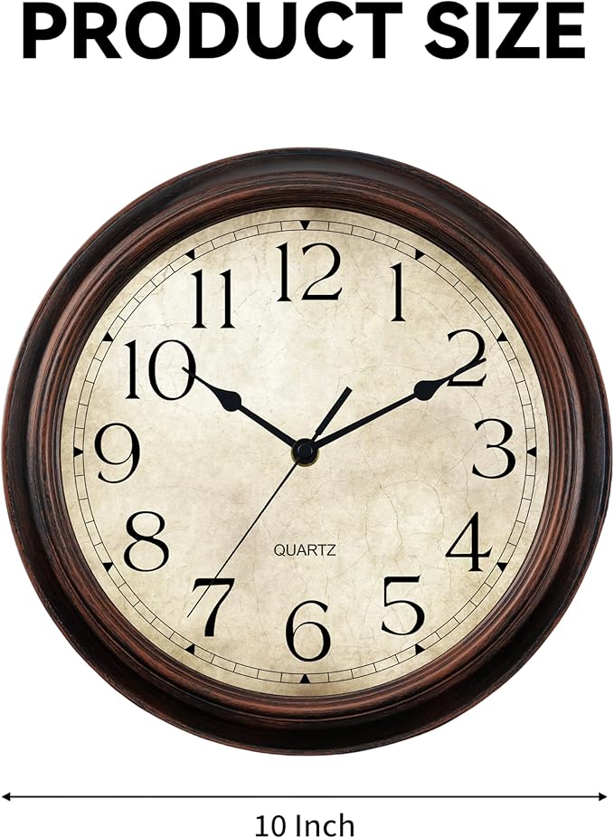 KECYET Wall Clock 10 Inch Battery Operated Silent Non-Ticking Analog Wall Clocks Vintage Retro Rustic Style Decorative for Bedroom Living Room Kitchen Office (Bronze)