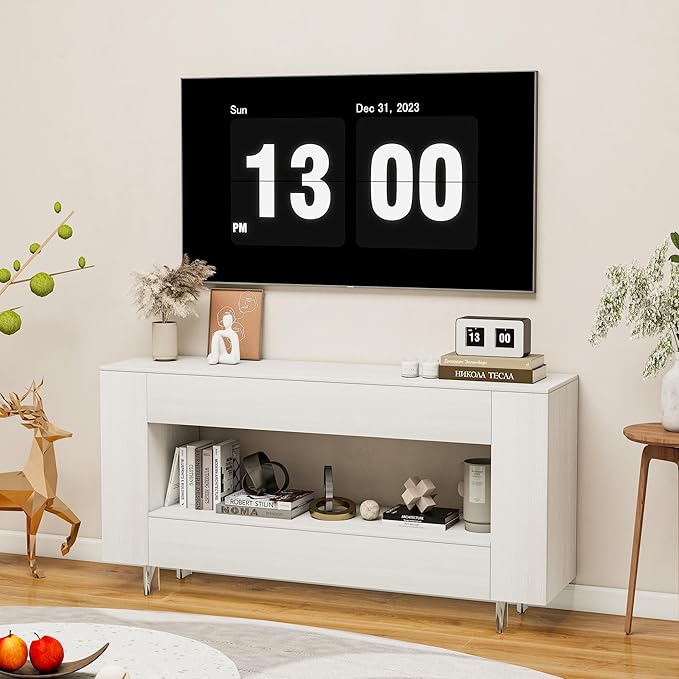 Vavkorkula TV Stand for 65 Inch with 2 Large Drawers & Hidden Storage Cabinets, Modern Farmhouse Entertainment Center Television Stands for Living Room Bedroom, White