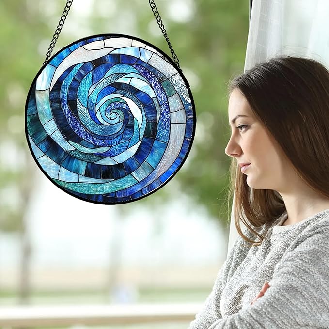 CRISGIF Stained Glass Window Hanging - Blue Abstract Swirl Suncatcher for Doors Garden Patio Unique Sun Catchers Decor Christmas Mother's Day Birthday Gifts for Women Men Mom Nana Friend 7.8 in