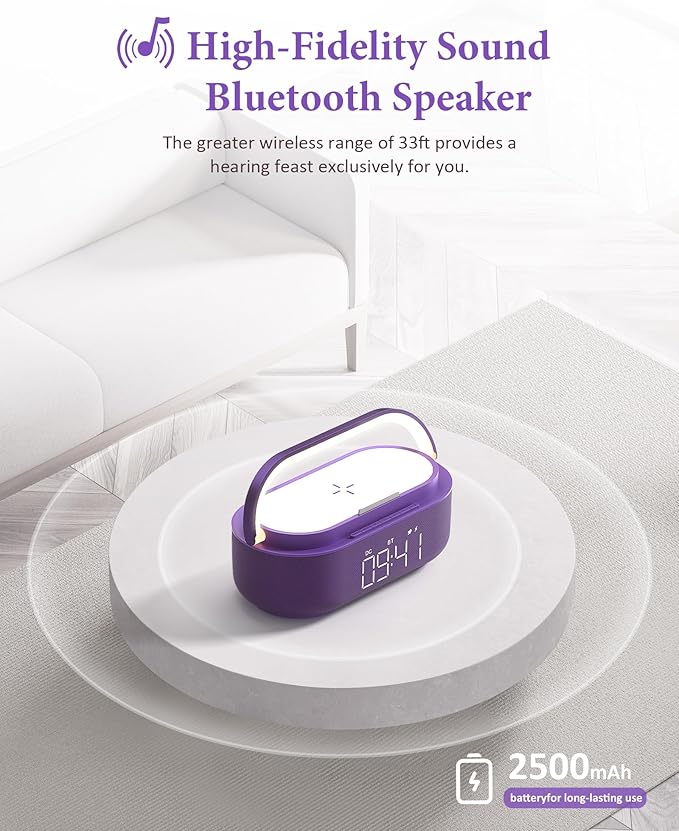 COLSUR Bluetooth Speaker Alarm Clock with Wireless Charger, FM Radio, Adjustable LED Night Light, 6 in 1 Bedroom Portable Speaker 2500mAh, Phone Stand for Bedside, Home, Office, Gift (Purple)