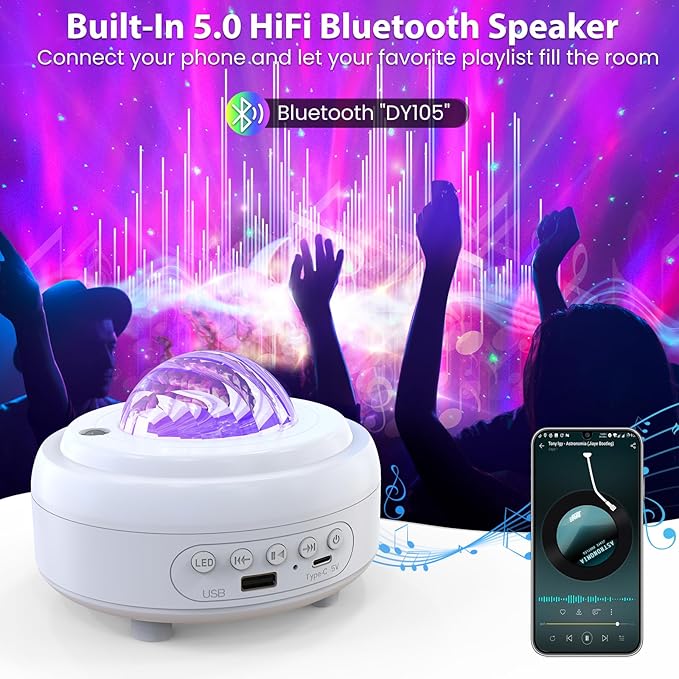 HUMIIEYE Star Projector with Bluetooth Speaker, 1800mAh Battery Operated Night Light Galaxy Projector, Northern Lights Aurora Projector with Moon, Mood Ambient Lighting for Bedroom Kids Girls Adults