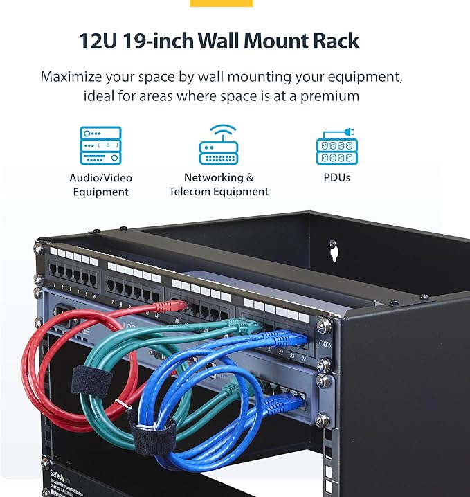 StarTech.com 12U Wall Mount Patch Panel Bracket - 13.75 in. (34.93 cm) Max. Mounting Depth - 19" Patch Panel Rack for Shallow Network Equipment- 125lbs Capacity, TAA (WALLMNT12)