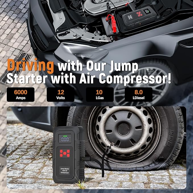 HPBS 6000A Jump Starter with Air Compressor, Portable Car Battery Jump Starter with 150 PSI Tire Inflator for Up to 10.0L Gas and 8.0L Diesel Engines, 12V Jump Box with LCD Display