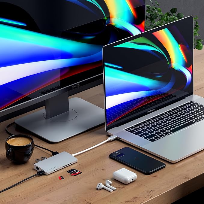 Satechi 8 in 1 USB C Hub Multiport Adapter V2, 4K HDMI, 115W USB C PD Charging, 3 USB-A, Ethernet, Micro/SD Card Readers, for Laptop, MacBook Air/Pro M5/M4, iPad, Windows - Silver