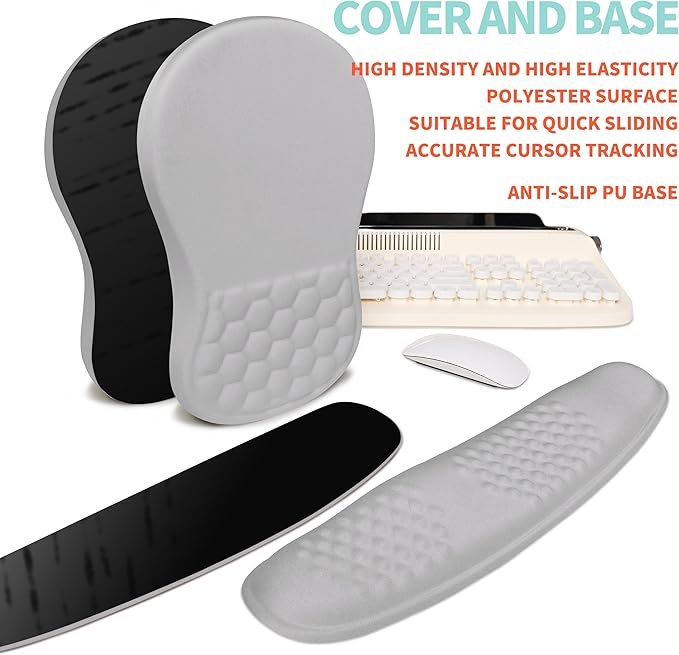 KUOSGM 2-in-1 Ergonomic Set, Wave Rise Keyboard Wrist Rest and Massage Bulge Slope Mouse Pad Wrist Support, Cushion Memory Foam Integrated to Relieve Wrist Pain, Silver Gray