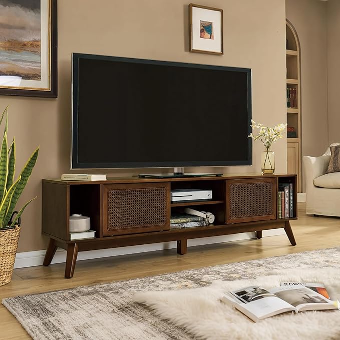 LKTART 68 Inch Mid Century Modern TV Stands with Rattan Doors, MCM Entertainment Center Media Console for 60/65/70/75 inch TVS, Long Boho Television Stand for Living Room, Dark Walnut