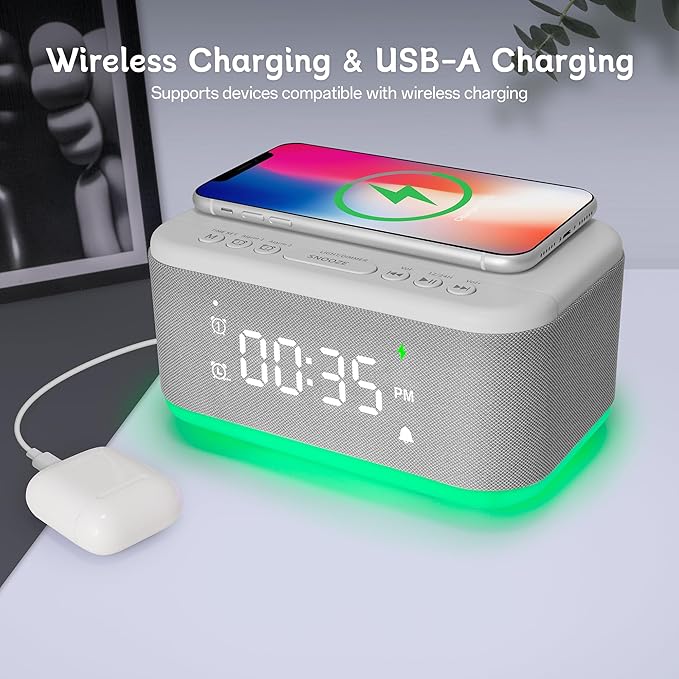 Bluetooth Alarm Clock Radio Bedroom, Digital Dual Alarm Clock Bedroom, Up to 10 Alarms Clock Night Light Speaker App/Button Control FM Charge Snooze Adjustable Brightness Dim 12/24H, Grey