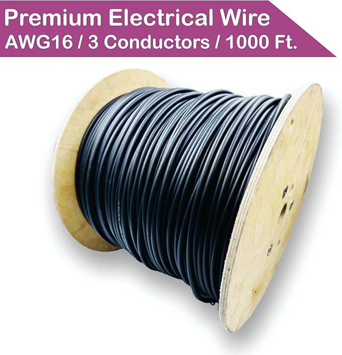 NATIONAL Wire & Cable – 16 AWG 3-Conductor Premium Copper Wire, 1000 ft, Stranded | Made in USA, Heavy-Duty Flexible Jacket | LED, Lights, DIY Projects, Low Voltage Wiring, Indoor and Outdoor Use