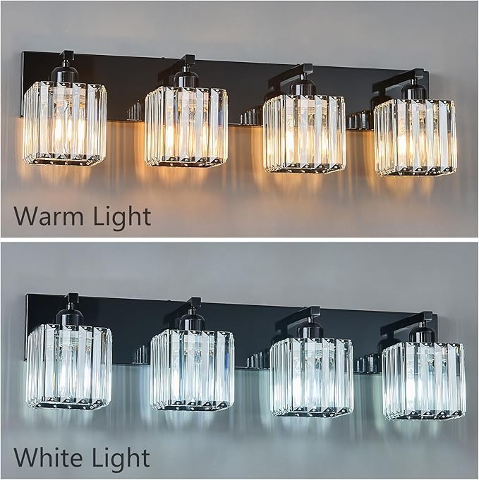 FDPBY Modern Bathroom Vanity Light 4-Lights Plating Black Crystal Bathroom Wall Light Vanity Light Fixtures