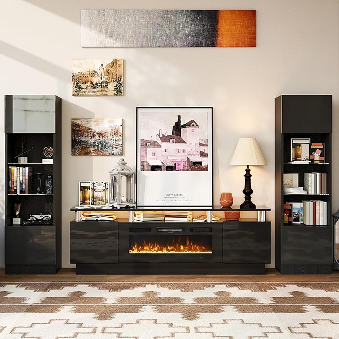 oneinmil Fireplace TV Stand with 36” Electric Fireplace, 2 Tier TV Console Stand for TVs Up to 90"", LED Light Entertainment Center, Fireplace for The Living Room TV Stand, Black, 80''