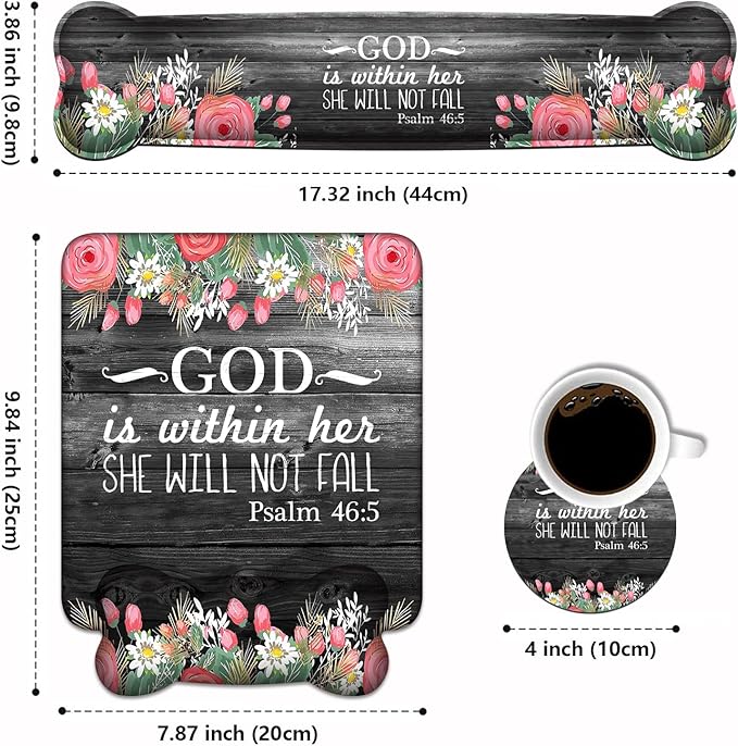 Wrist Rest Support Ergonomic Gel Mouse Pad & Memory Foam Keyboard Set, Non-Slip Rubber PU Base for Home Office Working Studying Easy Typing & Pain Relief - Floral Quote Bible Verses Psalm 46:5