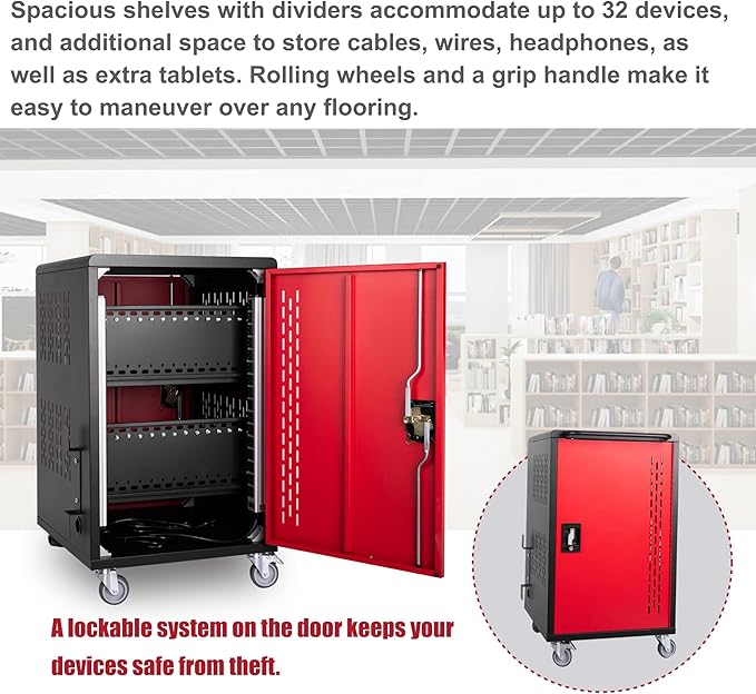 32 Device Mobile Charging Station for Laptops/Tablets/iPads/Chromebooks,32 Bay Lockable Charging Cabinet with Cable Management & Power Strip Included, School Charging Storage Carts,Easy Assembly