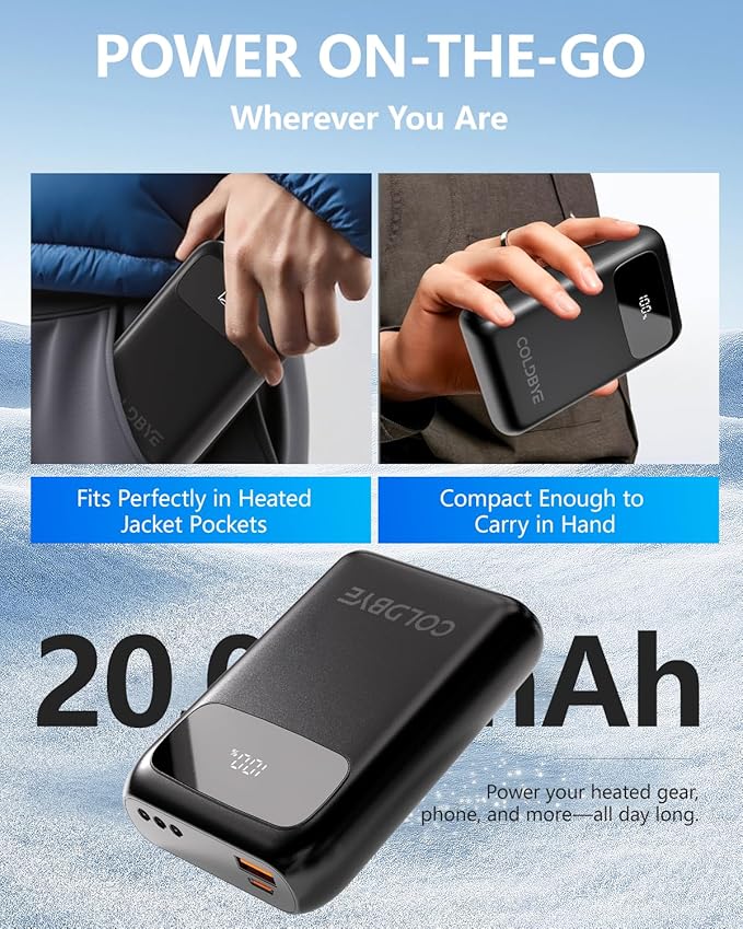 ColdBye Heated Vest Battery Pack 𝟕.𝟒𝐕 5𝐀 𝟐𝟎𝟎𝟎𝟎𝐦𝐀𝐡, Type-C and USB 5V Output, PD 30W Fast-Charging with 7.4V Tri-Size DC Built-in Ports (3.5 mm / 3.8 mm / 4.0 mm) for Heated Jacket