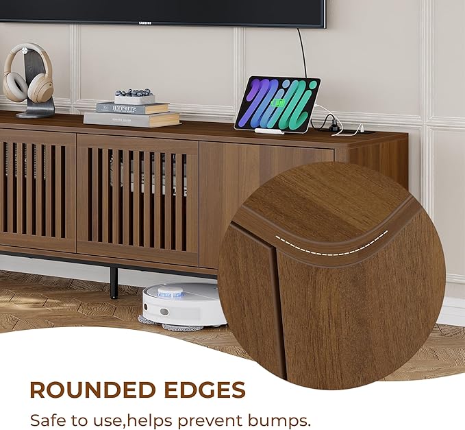 WODNITURE 71inch TV Stand with Storage & 2 Drawers, Mid-Century Modern TV Stand for Tvs Up to 88", Wood Entertainment Center with Charging Station for Living Room, Bedroom