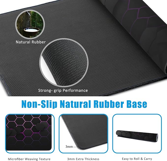EOBKLAX Grid with Purple Light Large Gaming Mouse Pad,Waterproof Desk Mat for Desktop,Non-Slip Rubber Base Mousepad with Stitched Edges for Laptop Office and Home 35.4X15.7 Inch